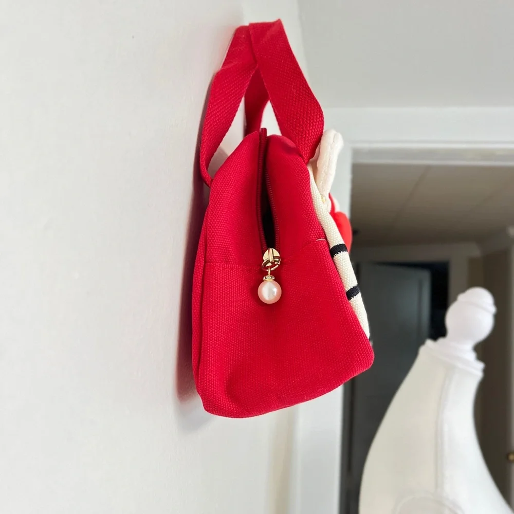 Hello Kitty Red and White Canvas Bag with plush Bow, zipper pull pearl bead, NIP